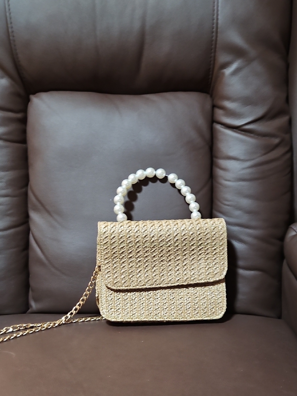 Beaded Straw Top-Handle Crossbody Bag in Beige